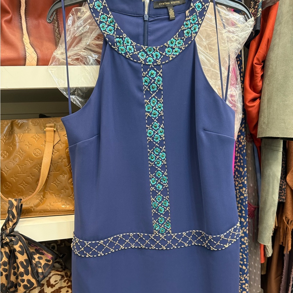 Cynthia Steffe Blue and Green Embellished Halter Mini Dress